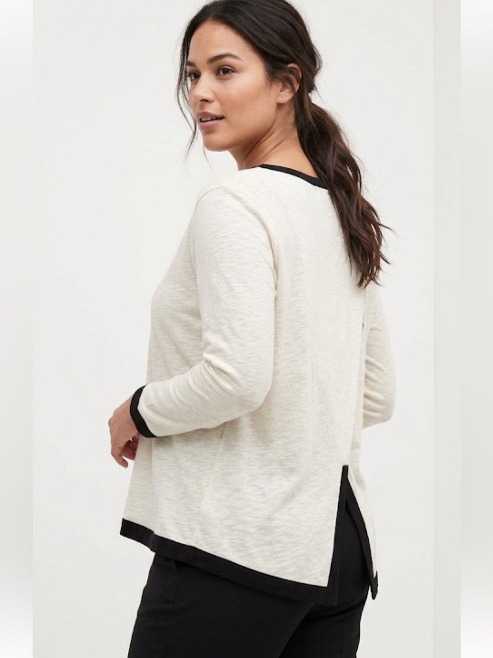 GAP Women's Cream Long-Sleeve Contrast-Trim Top XL